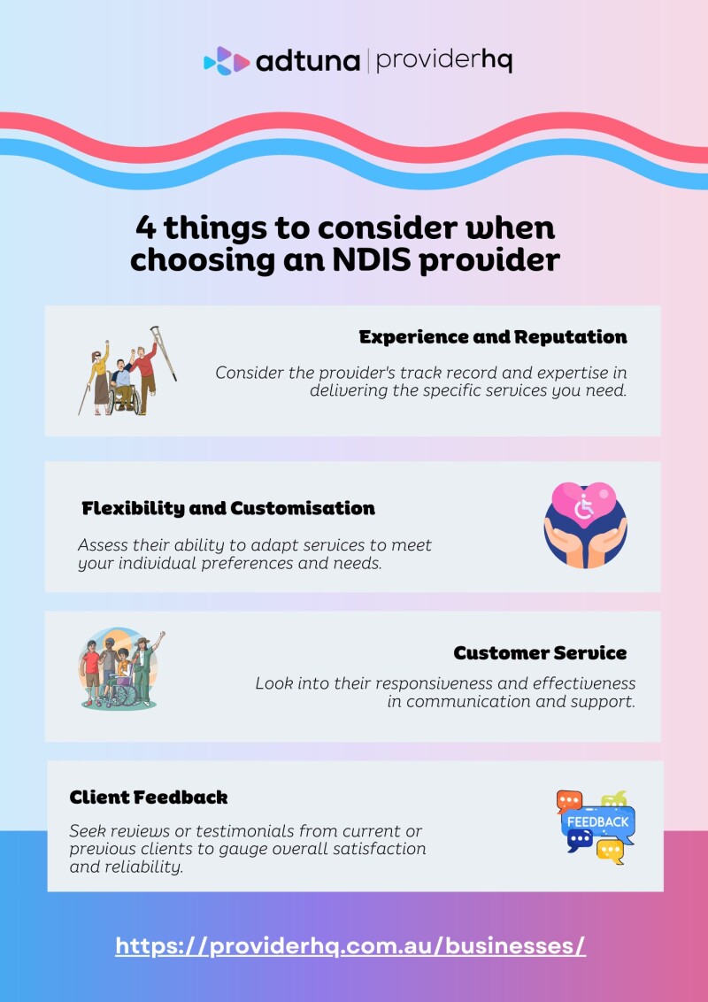 Choosing the right NDIS provider can greatly impact the quality of support you receive. When making your decision, examine the provider's background and standing to ensure they have a solid history of delivering effective care. Look into their adaptability and ability to customise services, confirming they can adjust their support to fit your individual needs and preferences. It's also helpful to review feedback from other clients to gauge the provider's dependability and the overall contentment of those who have used their services. Taking these elements into account will assist you in choosing a Perth NDIS provider that best suits your requirements. If you want to know any more information, please check out our infographic or visit our page: https://providerhq.com.au/service-areas/perth/

#NDIS_Provider
#NDIS_Providers
#Perth_NDIS_Providers