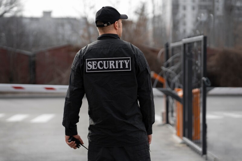 portrait male security guard with barbed wire fence 23 2150368768